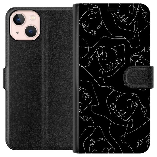 Kompatibelt Lommeboketui til Apple iPhone 13 mini Abstrakte ansikter strekunst i hvitt på mørk bakgrunn moderne minimalistisk stil for kunstelskere Kompatibelt Lommeboketui til Apple iPhone 13 mini Abstrakte ansikter strekunst i hvitt på mørk bakgrunn moderne minimalistisk stil for kunstelskere