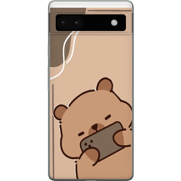 Yhteensopiva Puhelinkuori Google Pixel 6a Lazy Bear Chill Mode Söpö karhu makaa puhelin kädessään beigen taustan edessä rauhallisessa ja rennossa tyy