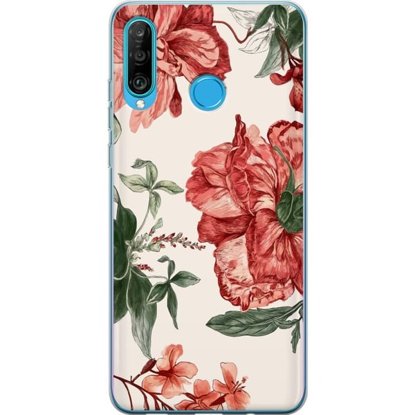 Kompatibelt Mobilskal till Huawei P30 lite Röda blommor botaniskt motiv med gröna blad elegant stil för dig som gillar naturens färger