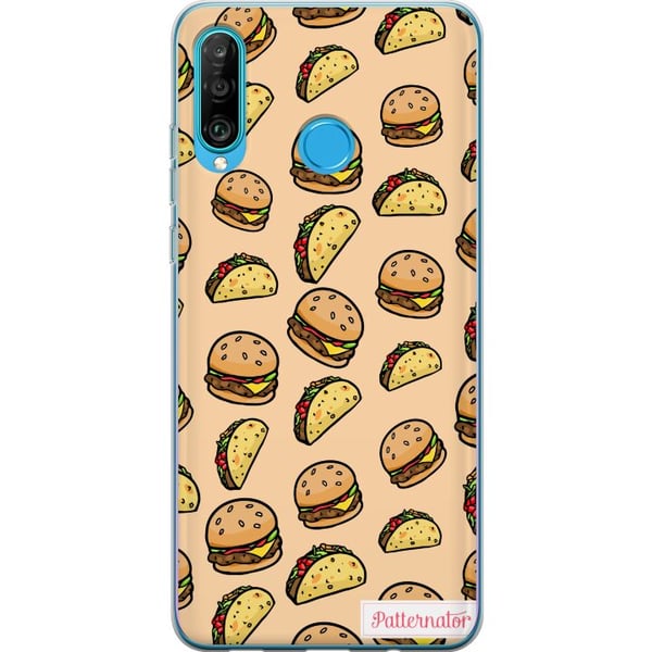 Kompatibelt Mobilskal till Huawei P30 lite Färgglad cartoon design med hamburgare tacos smält ost sallad krispiga skal och roliga figurer perfekt str