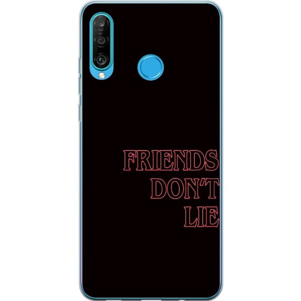Kompatibelt Mobilskal till Huawei P30 lite Stranger Things Friends Don’t Lie – neonröd textdesign med populärt Stranger Things citat från serien