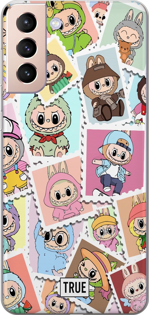 Kompatibelt Mobilskal till Samsung Galaxy S21 Cute Stamp Squad – sött samlarmotiv med färgglada figurer i djurdräkter och lekfull design