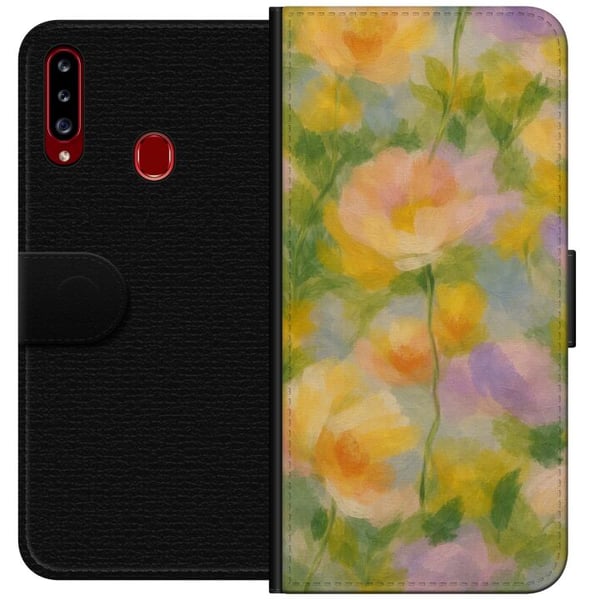 Kompatibelt Lommeboketui til Samsung Galaxy A20s Solvarme blomster i håndmalt romantisk stil