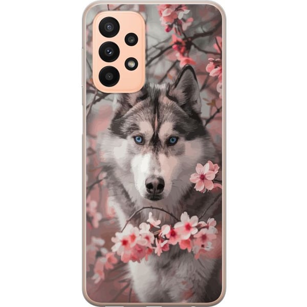 Kompatibelt Mobildeksel til Samsung Galaxy A23 Siberian Husky plakat hund blå øyne kirsebærblomster hund ulv natur dyr blomster søt retro design