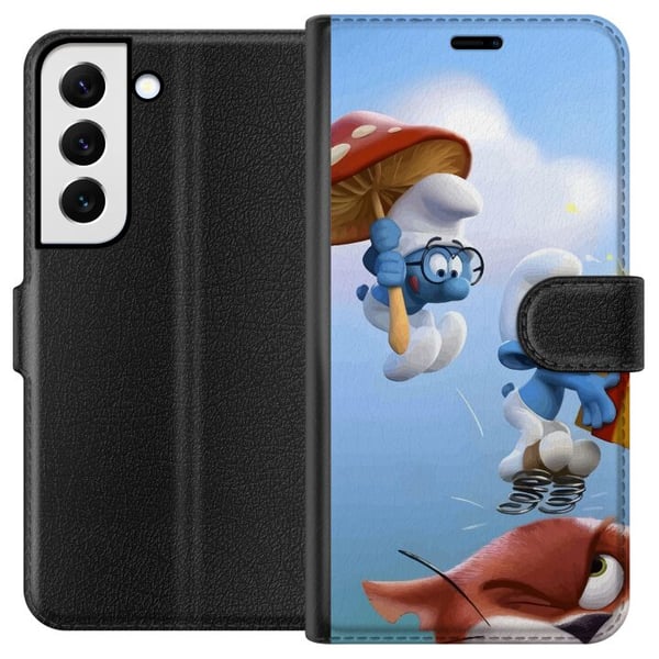 Kompatibelt Plånboksfodral till Samsung Galaxy S22 5G Smurfarna poster blå comic figurer retro cartoon Schtroumpfs serie barndom classic characters d