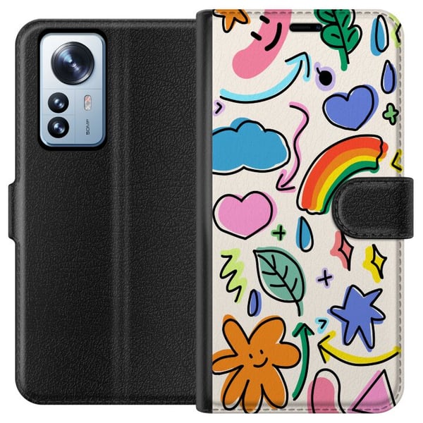 Yhteensopiva Lompakkokotelo Xiaomi 12 Pro Doodle-kuvitus, jossa on tähtiä, sydämiä, sateenkaari, pilviä, lehtiä ja nuolia – täydellinen sinulle, joka