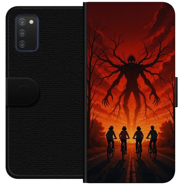 Kompatibelt Lommeboketui til Samsung Galaxy A03s Mørk Stranger Things-inspirert skrekkillustrasjon med rød himmel, truende monster og syklende barn i