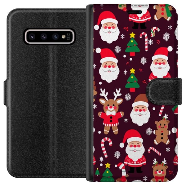 Kompatibelt Plånboksfodral till Samsung Galaxy S10+ Merry Squad julmönster med tomtar renar och pepparkakor söt vinterdesign i tecknad stil