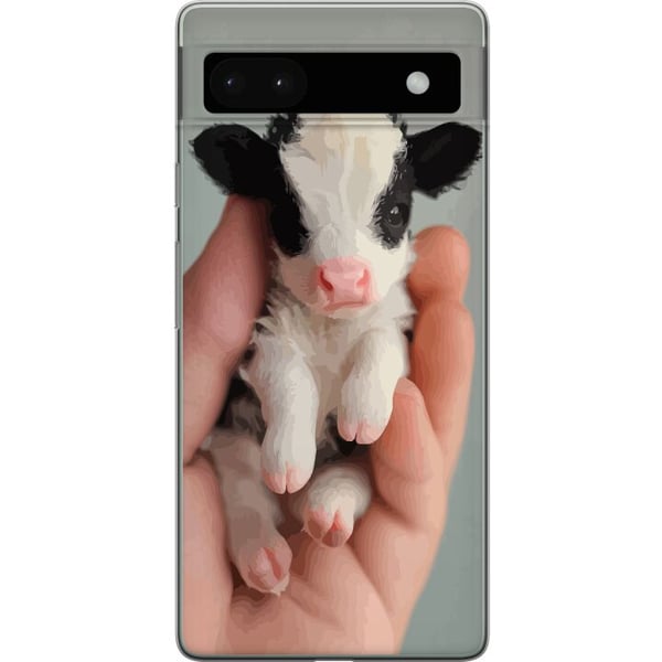 Yhteensopiva Puhelinkuori Google Pixel 6a Vastasyntynyt pieni vasikka kädessä, vaaleanpunainen turpa, pehmeä turkki ja suloinen ilme, viehättävä luon