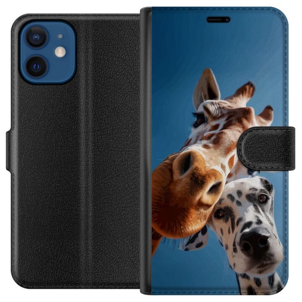 Yhteensopiva Lompakkokotelo Apple iPhone 12 mini Kirahvi-dalmatialainen-duoaihe, jossa on hauska lähikuva kirahvista ja dalmatialaisesta aurinkoisess