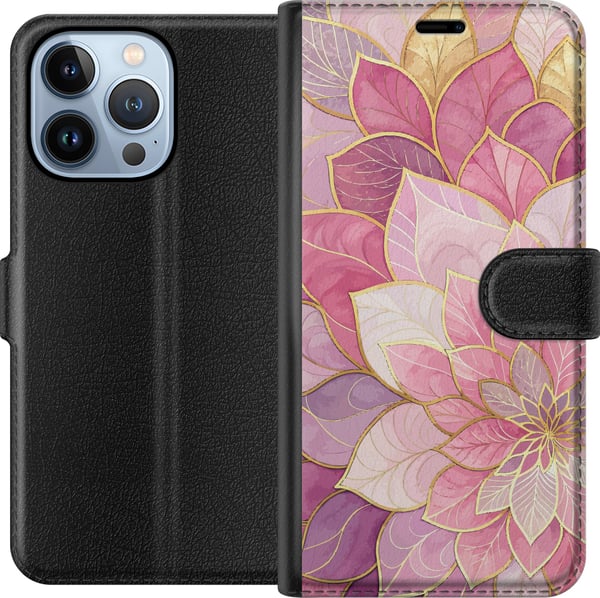 Kompatibelt Plånboksfodral till Apple iPhone 13 Pro Blommig mandala – Rosa och lila mönster med gyllene detaljer illustration