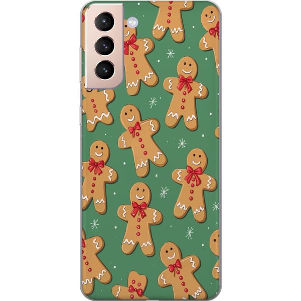 Kompatibel Mobilcover til Samsung Galaxy S21 Julepeberkagemønster – peberkagemænd i sødt juledesign med grøn baggrund og vinterstemning