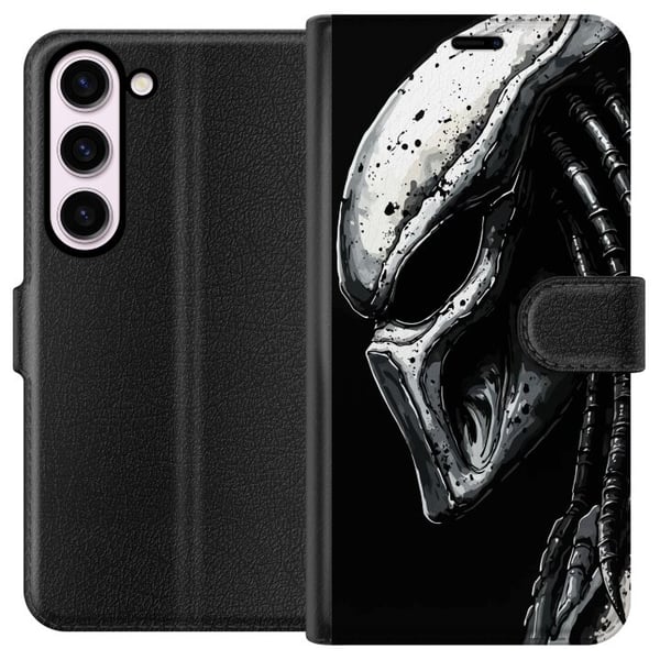 Yhteensopiva Lompakkokotelo Samsung Galaxy S23 Draamaattinen kuvitus Predator-naamiosta, jossa on metallisia tekstuureja, varjoja ja yksityiskohtia,