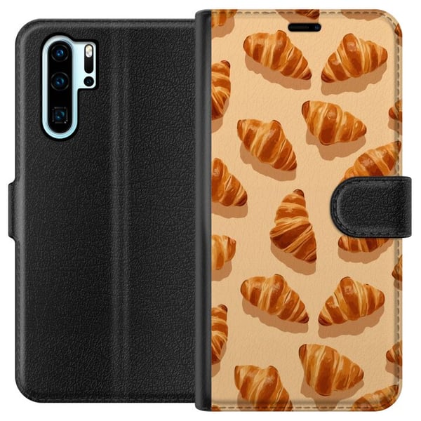 Yhteensopiva Lompakkokotelo Huawei P30 Pro Croissant-kuvio, jossa on kullanruskeita ranskalaisia leivonnaisia, beige tausta, kahvilahenkinen kuvitus