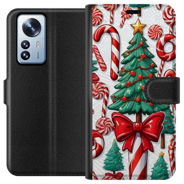 Kompatibel Tegnebogsetui til Xiaomi 12 Pro Juletræ plakat juletræ sukkerstang slik høytidsslik julemotiv retro sukkerstænger design kunst