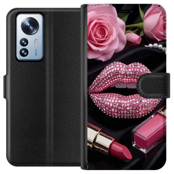 Yhteensopiva Lompakkokotelo Xiaomi 12 Pro vaaleanpunainen glitter huulet meikki timantit ruusut kynsilakka muoti glamour kauneus juliste vaaleanpunai Yhteensopiva Lompakkokotelo Xiaomi 12 Pro vaaleanpunainen glitter huulet meikki timantit ruusut kynsilakka muoti glamour kauneus juliste vaaleanpunai