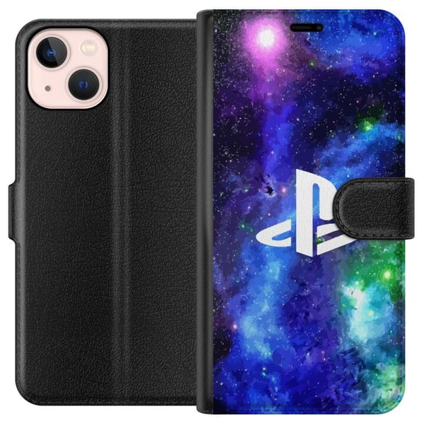 Kompatibel Tegnebogsetui til Apple iPhone 13 PlayStation-logo mod galaksebaggrund kosmisk gamingdesign til gamere og konsolfans
