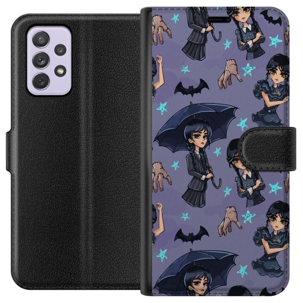 Kompatibel Tegnebogsetui til Samsung Galaxy A52s 5G Wednesday Addams tegneserieplakat gotisk Netflix-serie flagermus hånd Thing lilla baggrund sødt d