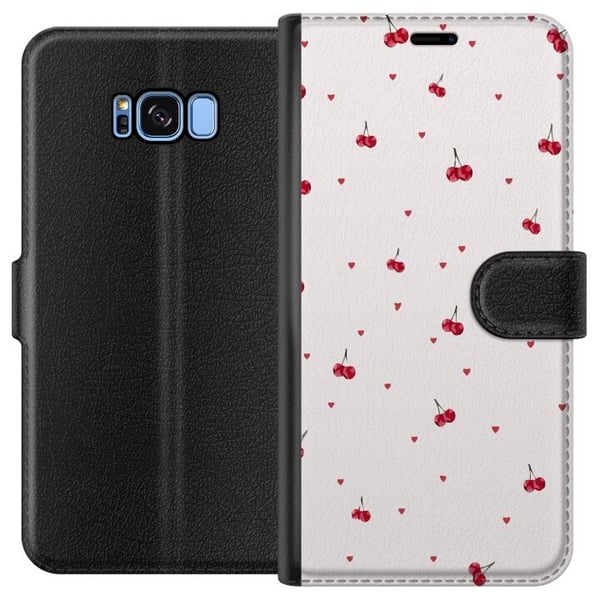 Kompatibelt Plånboksfodral till Samsung Galaxy S8 Körsbär och hjärtan på vit bakgrund söt romantisk design med minimalistisk känsla och mjuka toner