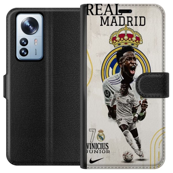 Kompatibelt Plånboksfodral till Xiaomi 12 Pro Real Madrid Vinícius Júnior med anfallare i nummer 7 tröja klubbmärke vit matchdräkt energisk pose och