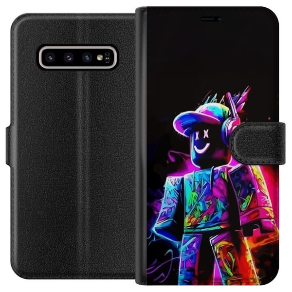 Kompatibelt Plånboksfodral till Samsung Galaxy S10+ Roblox Neon Player Färgstark Robloxfigur i neonfärger mot svart bakgrund i modern gamingstil