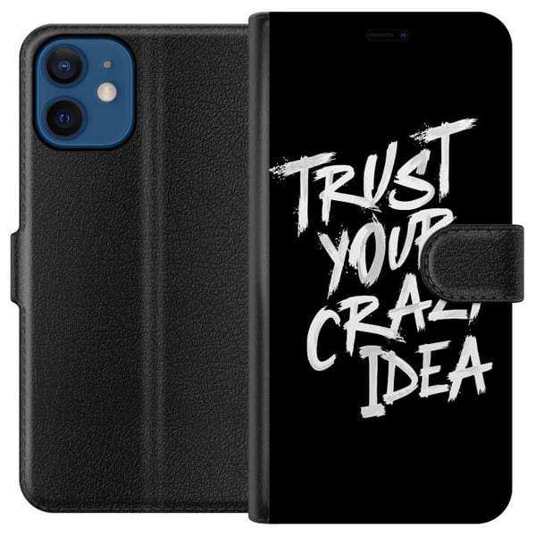 Kompatibelt Plånboksfodral till Apple iPhone 12 Svartvit textdesign med budskapet Trust Your Crazy Idea i kraftfull penselstil som inspirerar mod kre