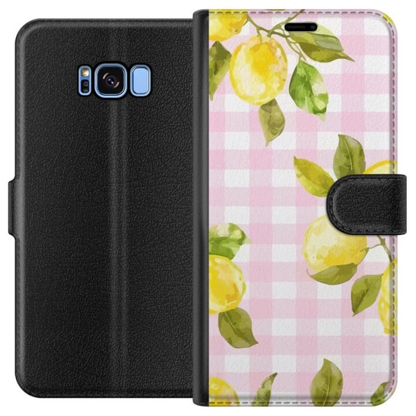 Kompatibelt Plånboksfodral till Samsung Galaxy S8 Lemon pink gingham pattern – citronmönster med rosa rutigt motiv i pastell och somrig estetisk stil
