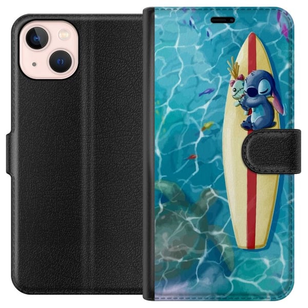 Kompatibelt Plånboksfodral till Apple iPhone 13 mini Stitch som vilar på surfbräda i turkost vatten i somrig stil Kompatibelt Plånboksfodral till Apple iPhone 13 mini Stitch som vilar på surfbräda i turkost vatten i somrig stil