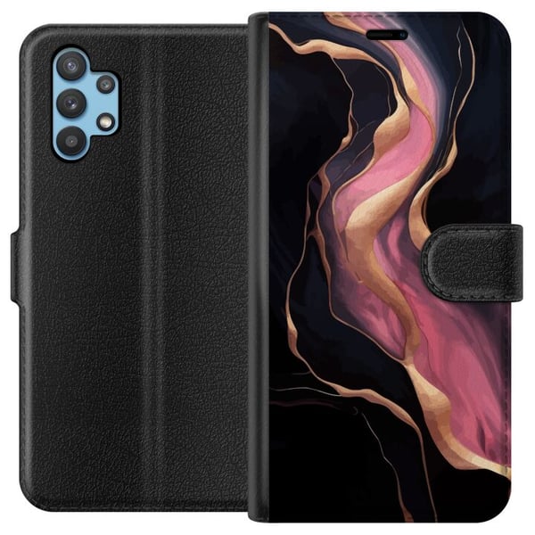 Kompatibelt Plånboksfodral till Samsung Galaxy A32 5G Abstrakta vågor i svart med rosa stråk och guldfärgade kanter som flytande marmor mot mörk bakg Kompatibelt Plånboksfodral till Samsung Galaxy A32 5G Abstrakta vågor i svart med rosa stråk och guldfärgade kanter som flytande marmor mot mörk bakg