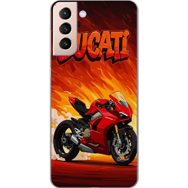 Kompatibelt Mobildeksel til Samsung Galaxy S21 Ducati rød sportsmotorsykkel mot en brennende bakgrunn fartsfylt motiv for motorentusiaster Kompatibelt Mobildeksel til Samsung Galaxy S21 Ducati rød sportsmotorsykkel mot en brennende bakgrunn fartsfylt motiv for motorentusiaster