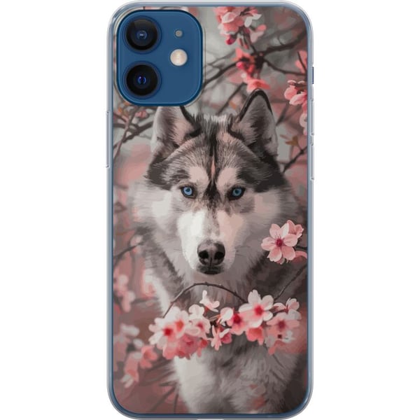 Kompatibelt Mobilskal till Apple iPhone 12 Husky med blå ögon bland rosa körsbärsblommor – vackert, naturinspirerat och detaljrikt motiv.