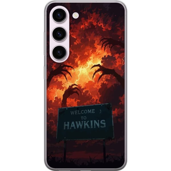 Yhteensopiva Puhelinkuori Samsung Galaxy S23 Apokalyptinen kohtaus, jossa on liekehtivä taivas ja Hawkins-kyltti Stranger Things -hengessä