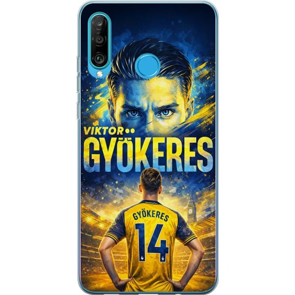 Kompatibelt Mobilskal till Huawei P30 lite Viktor Gyökeres fotbollsposter i gul-blå färgskala med dramatisk stadionbakgrund, sportillustration för fa