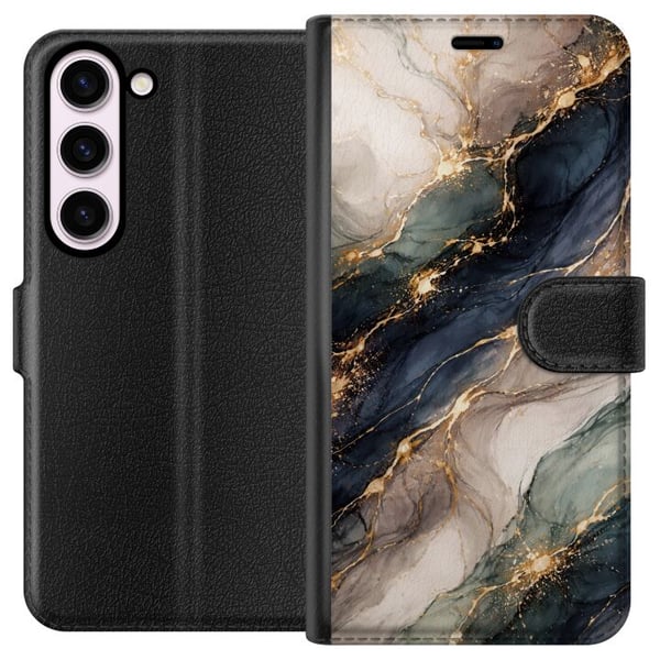 Kompatibelt Lommeboketui til Samsung Galaxy S23 Luksuriøs abstrakt marmorkunst i svart, hvitt og gull med elegante linjer, eksklusivt design for plak