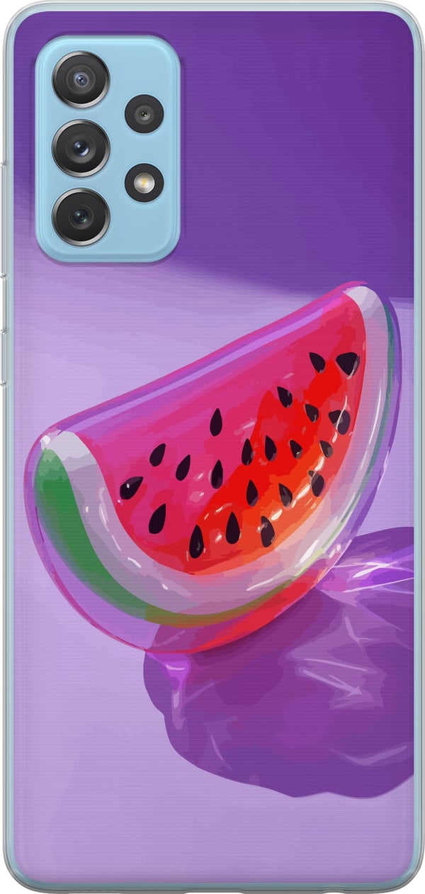 Yhteensopiva Puhelinkuori Samsung Galaxy A52 5G Lasityylinen vesimeloni violettia taustaa vasten, raikas kesäinen design, jossa on mehukas ja moderni