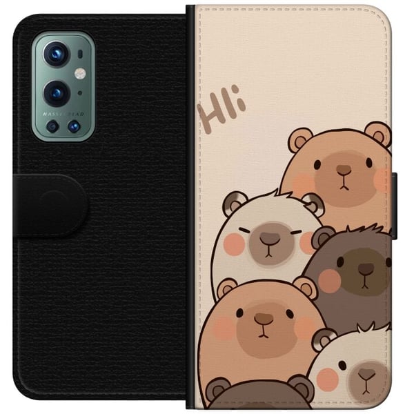 Kompatibel Tegnebogsetui til OnePlus 9 Pro Bjørnegruppen Hej venner Søde bjørne i forskellige farver på lys baggrund med teksten Hej
