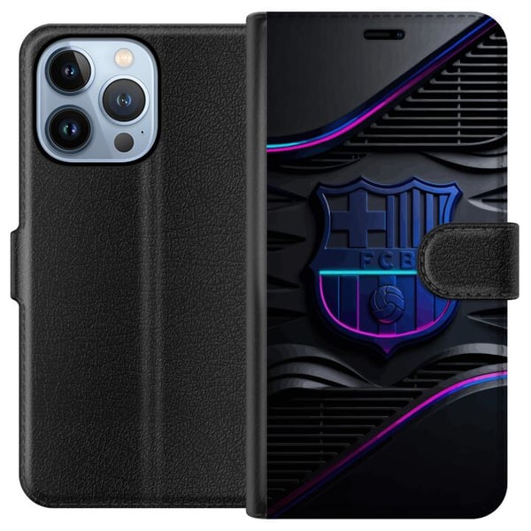 Kompatibelt Lommeboketui til Apple iPhone 13 Pro FC Barcelona-emblem i neonblått og rosa med futuristisk metallfølelse