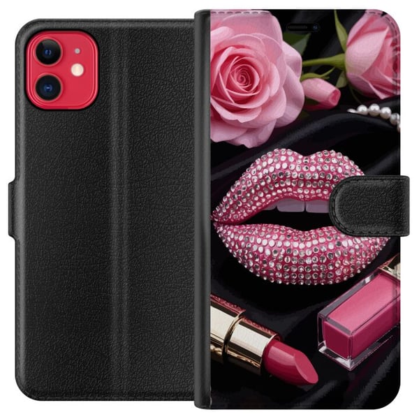 Kompatibelt Plånboksfodral till Apple iPhone 11 Pink glitter lips makeup diamonds rosor nagellack fashion glamour beauty poster rosa läppar art style