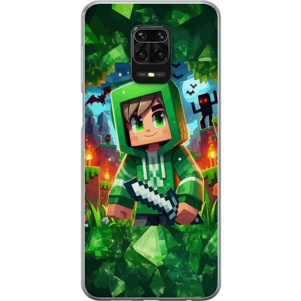 Kompatibel Mobilcover til Xiaomi Redmi Note 9S Minecraft-gamerdreng i grøn hættetrøje – tegnet Minecraft-dreng med sværd, pixels og eventyrtema
