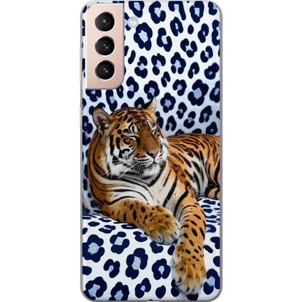 Kompatibelt Mobildeksel til Samsung Galaxy S21 Tiger Chill Pattern-motiv med en tiger som hviler mot en hvitblå mønstret bakgrunn i moderne design