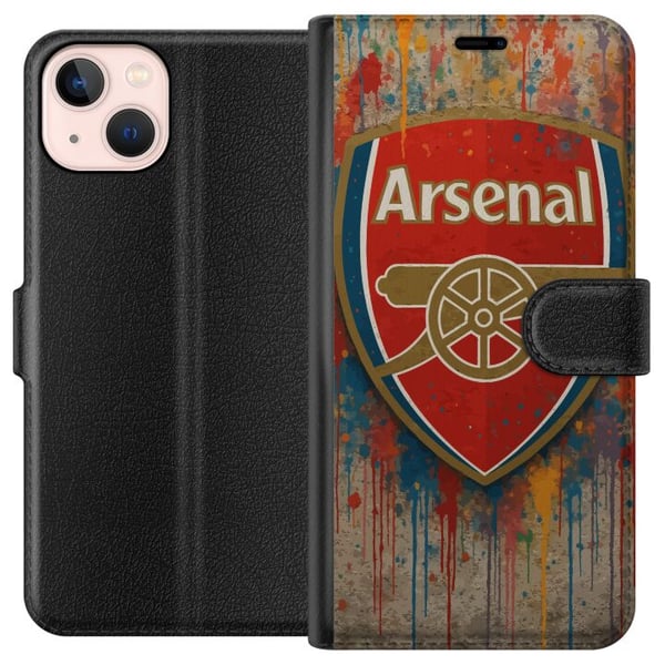 Kompatibelt Plånboksfodral till Apple iPhone 13 mini Arsenal konstmotiv i rött och vitt med färgstänk perfekt för fotbollsfans som älskar konst och s