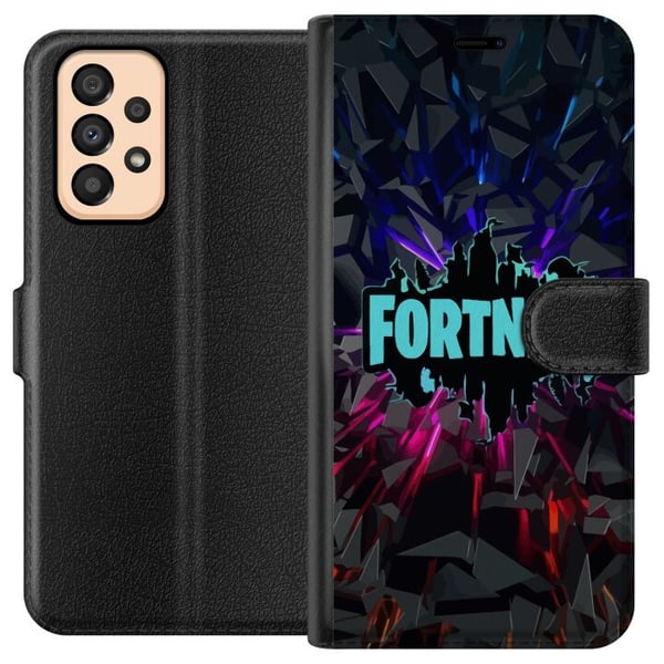 Yhteensopiva Lompakkokotelo Samsung Galaxy A33 5G Fortnite-juliste – Sininen neonlogo mustalla taustalla, pelidesign