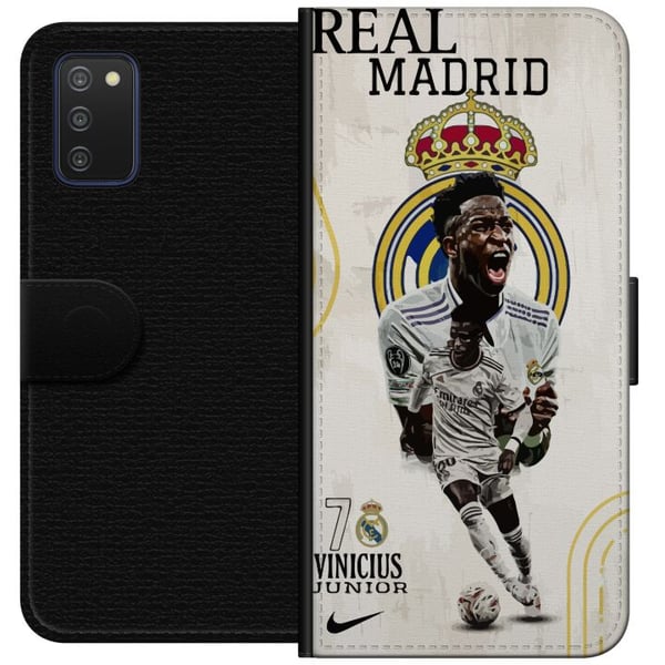 Kompatibelt Lommeboketui til Samsung Galaxy A03s Real Madrid Vinícius Júnior med spiss i trøye nummer 7 klubbmerke hvit kampdrakt energisk positur og