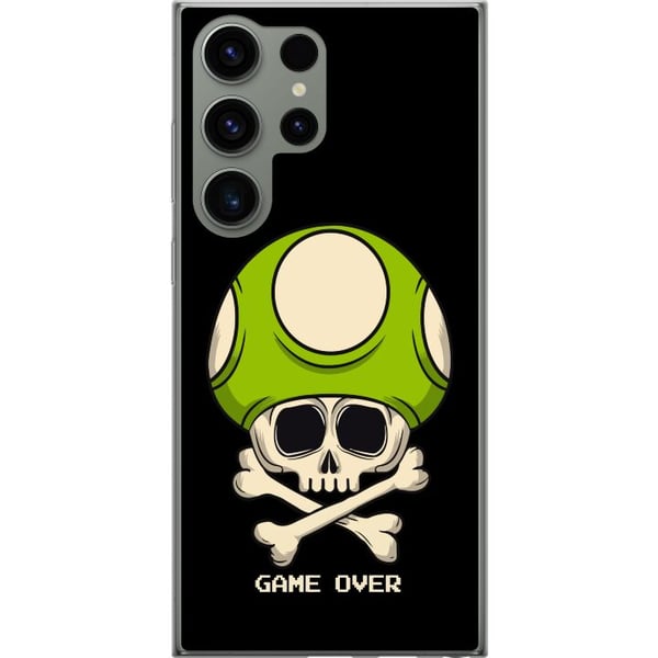 Kompatibel Mobilcover til Samsung Galaxy S23 Ultra Spilinspireret motiv med dødningehoved og grøn svamp i retrostil med teksten game over
