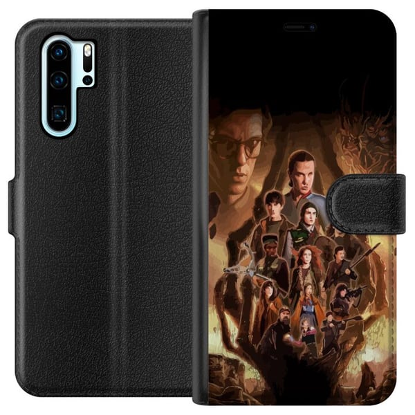 Yhteensopiva Lompakkokotelo Huawei P30 Pro Stranger Things -ryhmäkuva, jossa sankarit ovat pimeässä fantasiaympäristössä ja mukana on uhkaava olento
