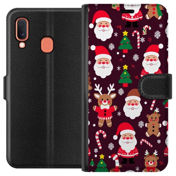 Kompatibelt Plånboksfodral till Samsung Galaxy A20e Merry Squad julmönster med tomtar renar och pepparkakor söt vinterdesign i tecknad stil