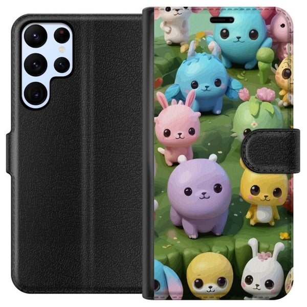 Yhteensopiva Lompakkokotelo Samsung Galaxy S22 Ultra 5G Kawaii-eläimiä pastellisävyissä, värikkäitä hahmoja vihreällä taustalla, leikkisä aihe lapsil
