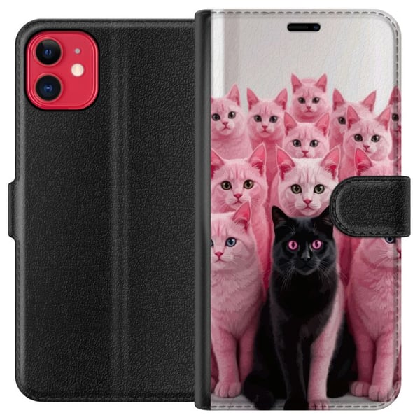 Kompatibelt Plånboksfodral till Apple iPhone 11 Svart katt bland rosa katter rolig kontrastfylld design med lekfull charm och trendig färgkombination