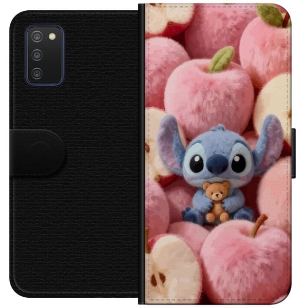 Kompatibelt Plånboksfodral till Samsung Galaxy A03s Stitch i fluffiga rosa äpplen med liten nalle i charmig kawaii-estetik