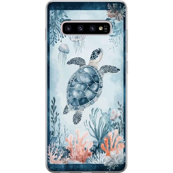 Kompatibelt Mobildeksel til Samsung Galaxy S10+ Akvarellskilpadde i et rolig blått hav blant koraller og svevende maneter